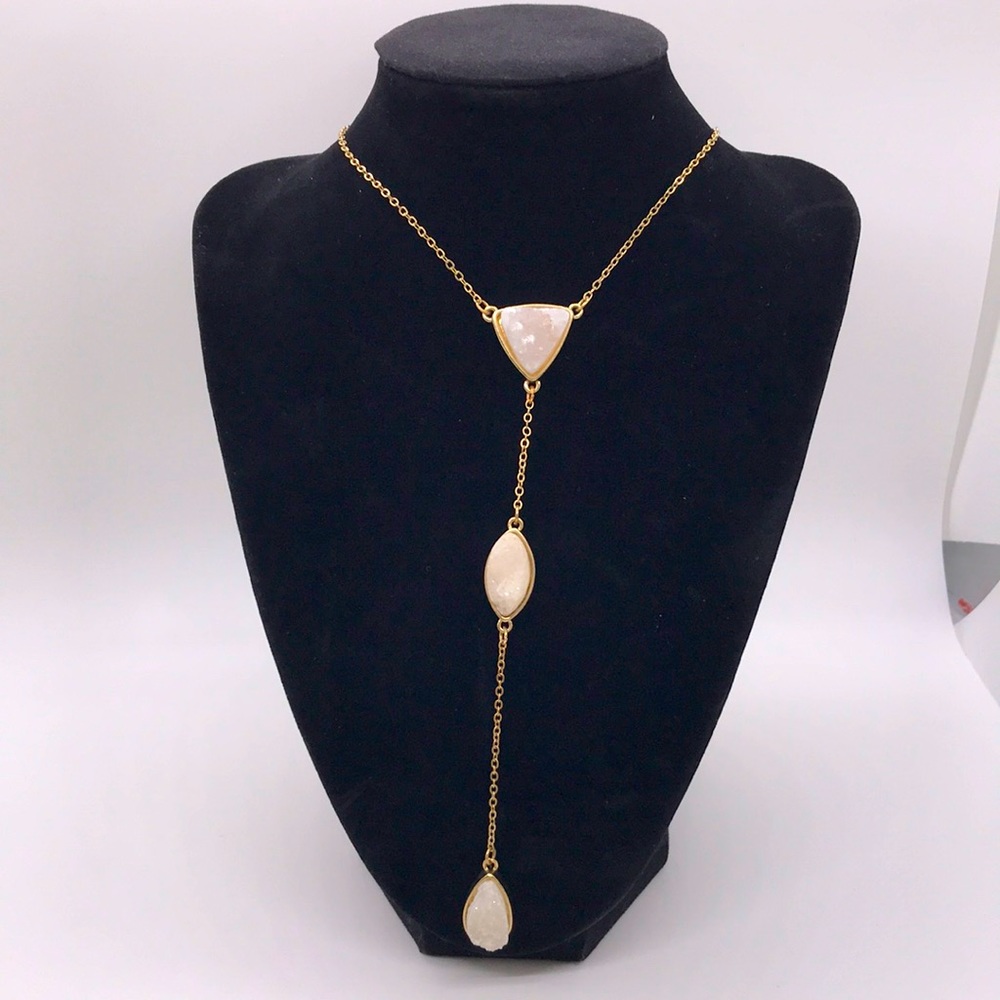 Selenite 3 healing crystal stones necklace  gold tone oval teardrop